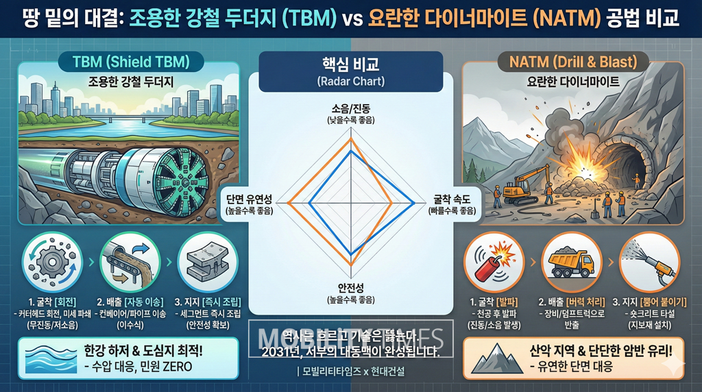TBM 공법과 발파 공법(NATM) 비교 인포그래픽